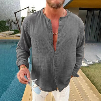 Мъжка памучна ленена риза с дълги ръкави Модни ежедневни двуслойни набръчкани социални ризи и блузи