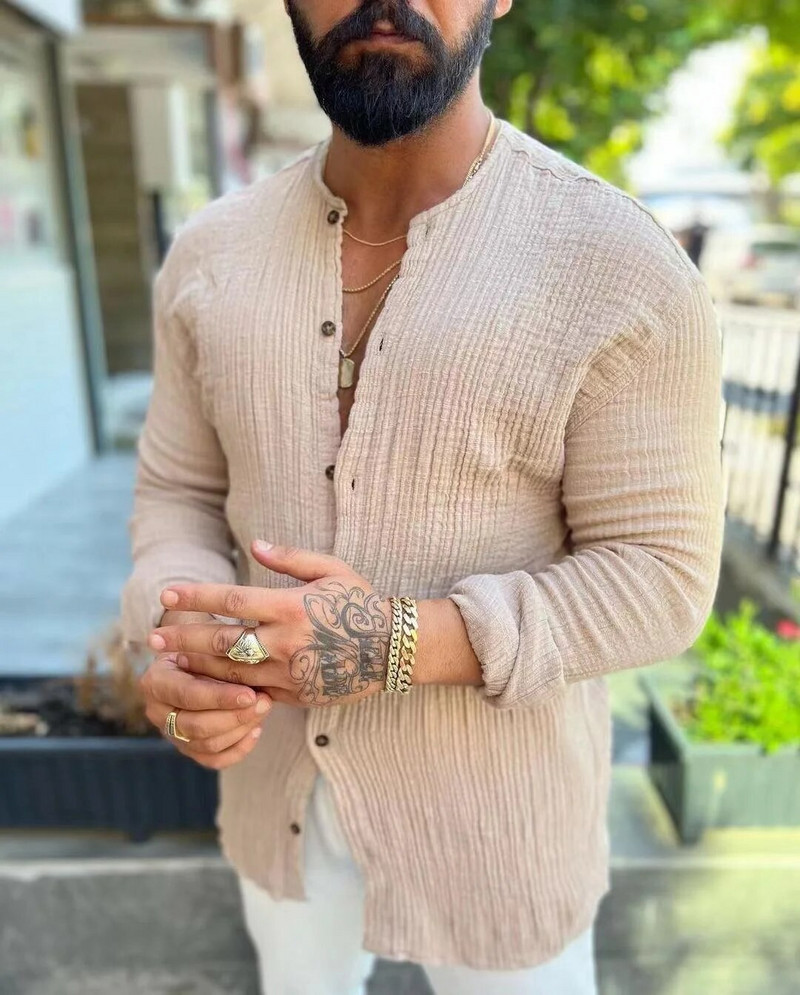 Muška pamučna lanena košulja dugih rukava, moderne ležerne dvoslojne naborane društvene košulje i bluze