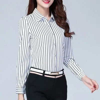 Tavaszi fekete-fehér irodai női ingek Függőleges csíkos női önművelő blúz Hosszú ujjú sifon női ingek