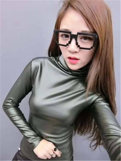 Koreai divat 2020 ősz és tél Új divatos garbó, egyszínű PU bőr hosszú ujjú, karcsúsító polár dzseki