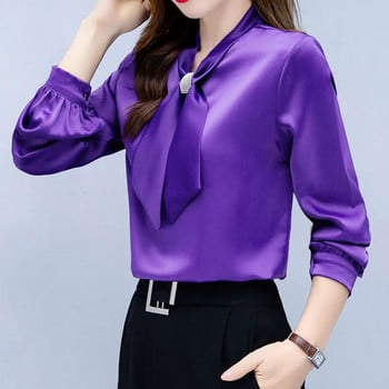 ffice Дамски елегантни копринени блузи Дамска сатенена блуза с паунд деколте Риза Дамски пролетни ризи с дълъг ръкав с джоб