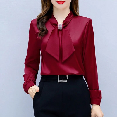 ffice Bluze de mătase elegante cu nasturi pentru femei Bluză din satin cu gât cu arcul cămașă de primăvară cu mânecă lungă cu buzunar