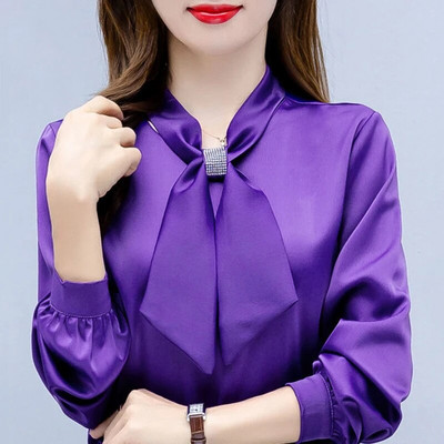 ffice Bluze de mătase elegante cu nasturi pentru femei Bluză din satin cu gât cu arcul cămașă de primăvară cu mânecă lungă cu buzunar