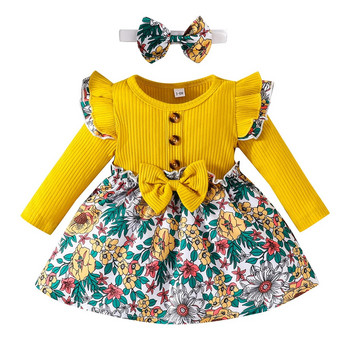 Бебешка рокля за момичета Пролетно есенно облекло Новородено с дълъг ръкав с щампа на цветя и бантик Рокля на принцеса Рокля за малко дете Рокля Vestido