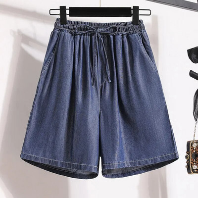 Pantaloni scurți din denim subțiri din mătase de gheață, de vară, cu talie elastică, de culoare uni, largi, de dimensiuni mari, pantaloni largi, ocazional, la modă, îmbrăcăminte pentru femei