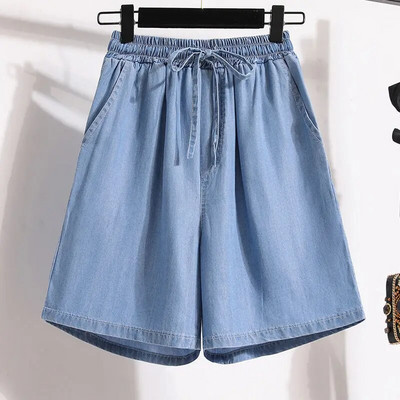 Pantaloni scurți din denim subțiri din mătase de gheață, de vară, cu talie elastică, de culoare uni, largi, de dimensiuni mari, pantaloni largi, ocazional, la modă, îmbrăcăminte pentru femei