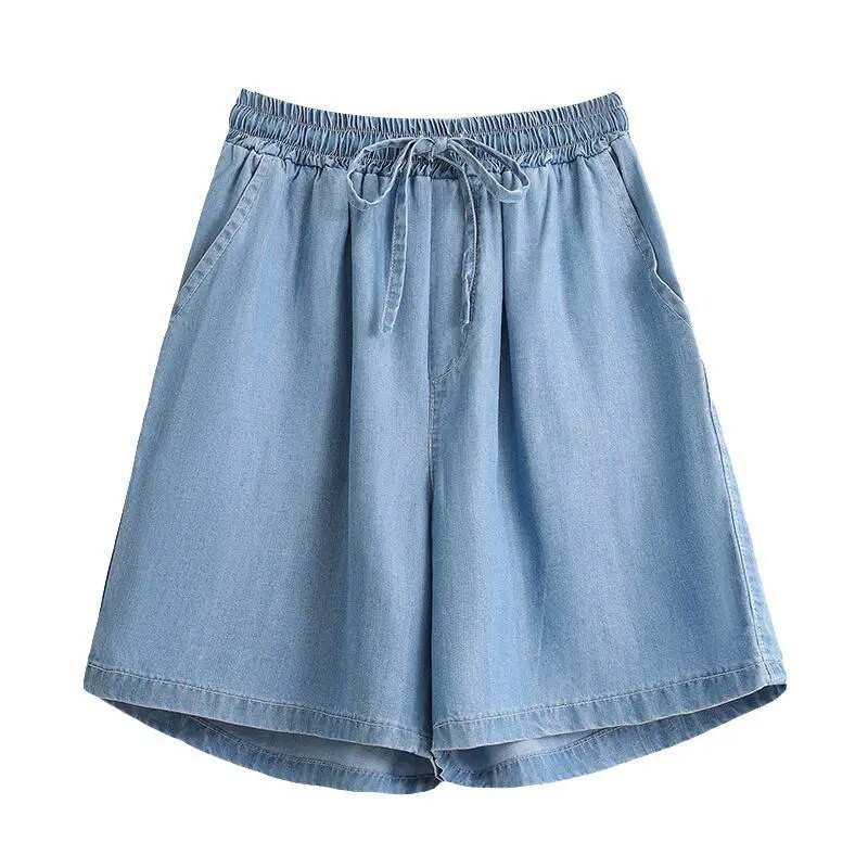 Vasaros nauji ploni lediniai šilko džinsiniai šortai elastiniu juosmeniu vientisos spalvos laisvi didelio dydžio plačios kelnės Kasdieniai madingi moteriški drabužiai