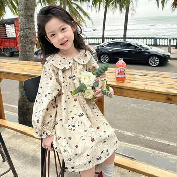 Пролетна рокля за момичета с фрагментирани цветя Есенна нова детска рокля за кукли с дълги ръкави Бебешка детска рокля на принцеса от чист памук