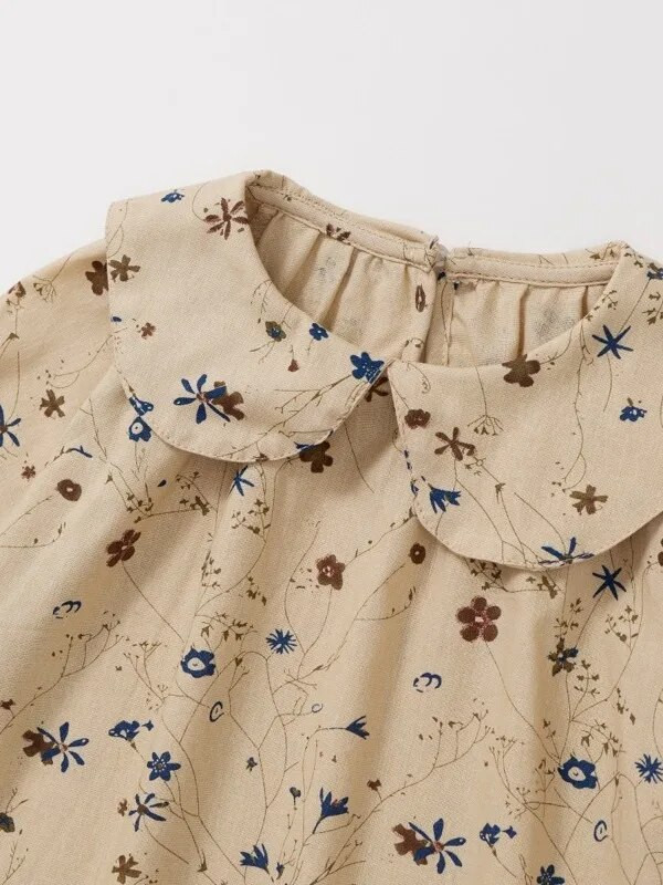 Pavasario mergaičių susmulkinta suknelė su gėlėmis rudeninė nauja vaikiška ilgomis rankovėmis suknelė su lėle kaklu Kūdikių vaikiška grynos medvilnės princesės suknelė