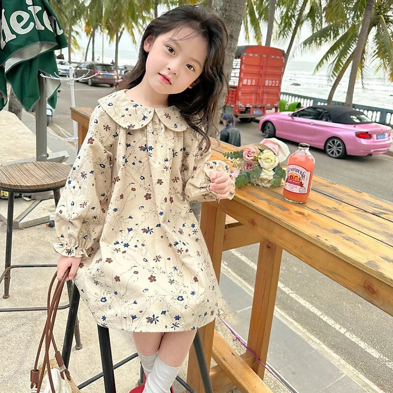 Pavasario mergaičių susmulkinta suknelė su gėlėmis rudeninė nauja vaikiška ilgomis rankovėmis suknelė su lėle kaklu Kūdikių vaikiška grynos medvilnės princesės suknelė