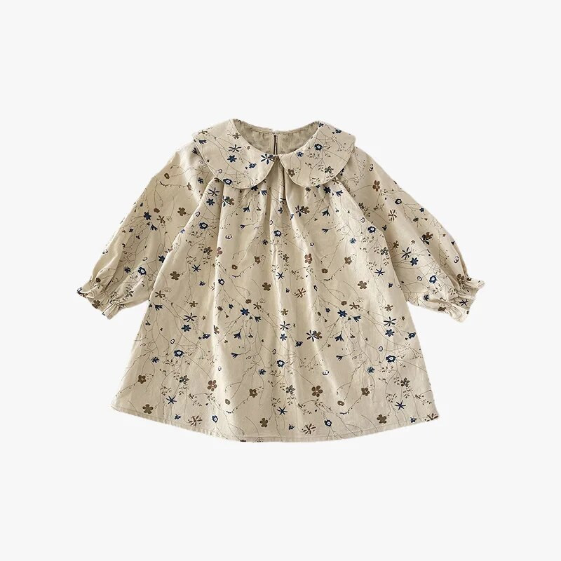 Pavasario mergaičių susmulkinta suknelė su gėlėmis rudeninė nauja vaikiška ilgomis rankovėmis suknelė su lėle kaklu Kūdikių vaikiška grynos medvilnės princesės suknelė