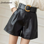 Pantaloni scurți din piele PU pentru femei, cu centură, 2022, iarna, buzunare elegante, dame, eleganti, uni, pantaloni scurți, pantaloni pentru femei