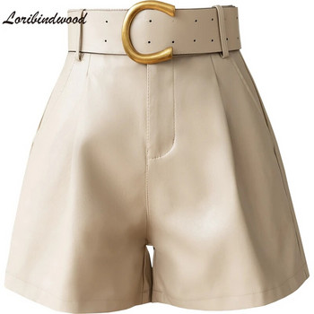 Дамски къси панталони от PU кожа с колан 2022 Нови зимни стилни джобове Дамски елегантни плътни ежедневни къси панталони Дамски