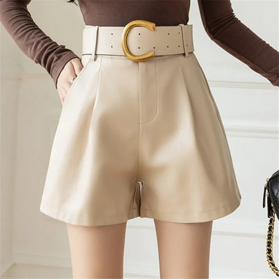 Pantaloni scurți din piele PU pentru femei, cu centură, 2022, iarna, buzunare elegante, dame, eleganti, uni, pantaloni scurți, pantaloni pentru femei