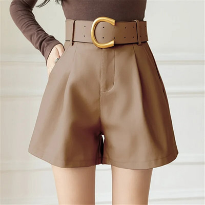 Pantaloni scurți din piele PU pentru femei, cu centură, 2022, iarna, buzunare elegante, dame, eleganti, uni, pantaloni scurți, pantaloni pentru femei