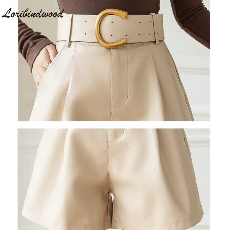 Moteriški PU odiniai šortai su diržu 2022 m. Nauji žieminiai stilingos kišenės Moteriškos elegantiškos solidžios laisvalaikio šortai, moteriškos kelnės