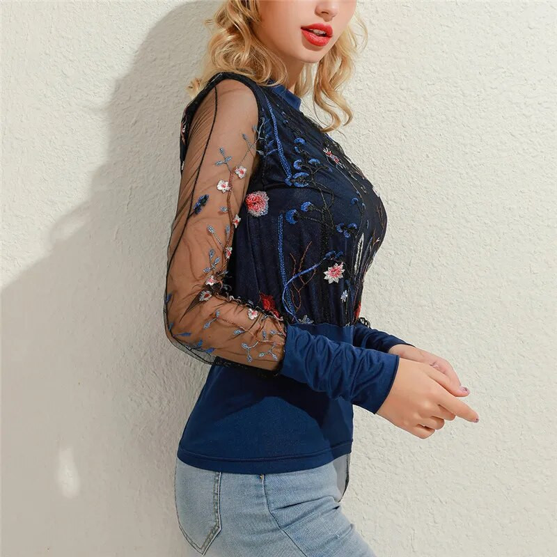 Nové dámske blúzky s kvetinovým vzorom a priehľadnými sieťovanými rukávmi, elegantné sexi priehľadné topy, jar 2020, patchworkové pulóvre