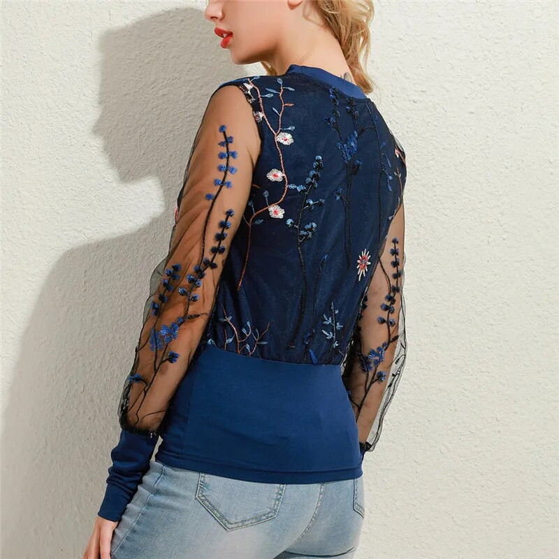 Nové dámske blúzky s kvetinovým vzorom a priehľadnými sieťovanými rukávmi, elegantné sexi priehľadné topy, jar 2020, patchworkové pulóvre
