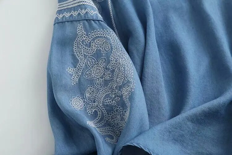 proljeće traper košulja s vezom ženska pamučna ležerna majica s v izrezom meki svijetloplavi traper majice i bluze blusas mujer novo