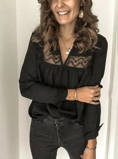 Dámska šifónová blúzka s výstrihom do V, leto, jeseň, ležérne, s dlhým rukávom, čipkované, jednofarebné topy, voľné elegantné, šik blúzky, košele, plus veľkosť