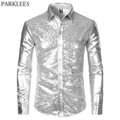 Cămașă cu sclipici cu paiete metalice argintii Bărbați 2023 Nou anii 70 Disco Party Costum de Halloween Chemise Homme Cămașă de spectacol pentru bărbați