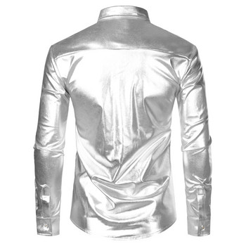 Сребърна риза с метални пайети и блясък Мъжка риза 2023 New 70\'s Disco Party Halloween Costume Chemise Homme Stage Performance Shirt Мъжка