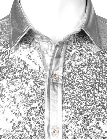 Ασημένιες μεταλλικές πούλιες Glitter Ανδρικό πουκάμισο 2023 Νέο 70\'s Disco Party Halloween Στολή Chemise Homme Stage Performance Αντρικό πουκάμισο