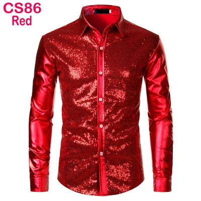 Cămașă cu sclipici cu paiete metalice argintii Bărbați 2023 Nou anii 70 Disco Party Costum de Halloween Chemise Homme Cămașă de spectacol pentru bărbați