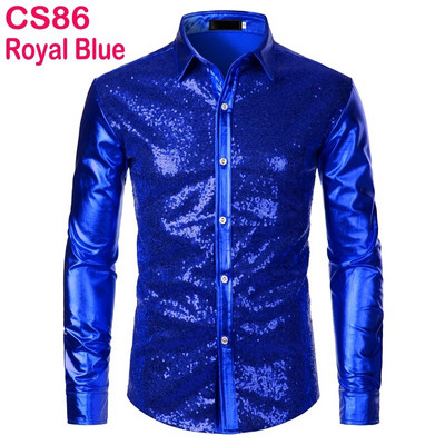 Cămașă cu sclipici cu paiete metalice argintii Bărbați 2023 Nou anii 70 Disco Party Costum de Halloween Chemise Homme Cămașă de spectacol pentru bărbați