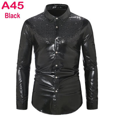 Cămașă cu sclipici cu paiete metalice argintii Bărbați 2023 Nou anii 70 Disco Party Costum de Halloween Chemise Homme Cămașă de spectacol pentru bărbați
