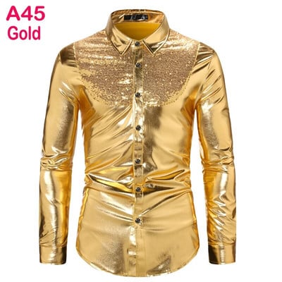 Cămașă cu sclipici cu paiete metalice argintii Bărbați 2023 Nou anii 70 Disco Party Costum de Halloween Chemise Homme Cămașă de spectacol pentru bărbați