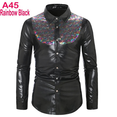 Cămașă cu sclipici cu paiete metalice argintii Bărbați 2023 Nou anii 70 Disco Party Costum de Halloween Chemise Homme Cămașă de spectacol pentru bărbați