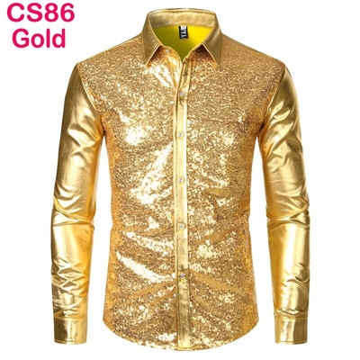 Cămașă cu sclipici cu paiete metalice argintii Bărbați 2023 Nou anii 70 Disco Party Costum de Halloween Chemise Homme Cămașă de spectacol pentru bărbați