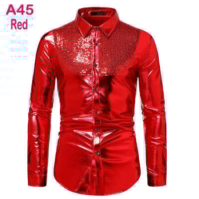 Cămașă cu sclipici cu paiete metalice argintii Bărbați 2023 Nou anii 70 Disco Party Costum de Halloween Chemise Homme Cămașă de spectacol pentru bărbați