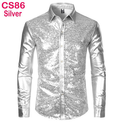 Cămașă cu sclipici cu paiete metalice argintii Bărbați 2023 Nou anii 70 Disco Party Costum de Halloween Chemise Homme Cămașă de spectacol pentru bărbați