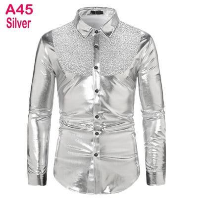 Cămașă cu sclipici cu paiete metalice argintii Bărbați 2023 Nou anii 70 Disco Party Costum de Halloween Chemise Homme Cămașă de spectacol pentru bărbați