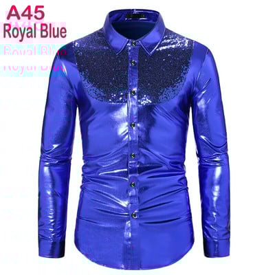 Cămașă cu sclipici cu paiete metalice argintii Bărbați 2023 Nou anii 70 Disco Party Costum de Halloween Chemise Homme Cămașă de spectacol pentru bărbați