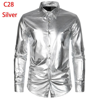 Cămașă cu sclipici cu paiete metalice argintii Bărbați 2023 Nou anii 70 Disco Party Costum de Halloween Chemise Homme Cămașă de spectacol pentru bărbați