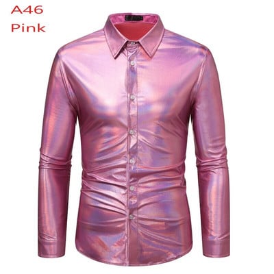 Cămașă cu sclipici cu paiete metalice argintii Bărbați 2023 Nou anii 70 Disco Party Costum de Halloween Chemise Homme Cămașă de spectacol pentru bărbați