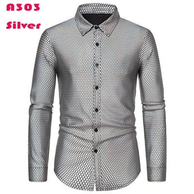 Cămașă cu sclipici cu paiete metalice argintii Bărbați 2023 Nou anii 70 Disco Party Costum de Halloween Chemise Homme Cămașă de spectacol pentru bărbați