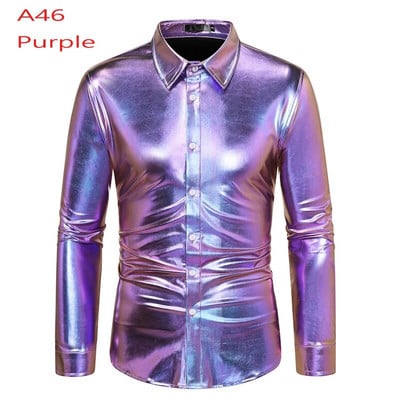 Cămașă cu sclipici cu paiete metalice argintii Bărbați 2023 Nou anii 70 Disco Party Costum de Halloween Chemise Homme Cămașă de spectacol pentru bărbați