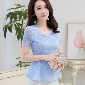 blusas femininas 2019 Γυναικείες μπλούζες Μπλούζες Slim Office Lady Raffled Hollow Out Δαντέλα με βελονάκι Peplum Top μπλούζες με βολάν
