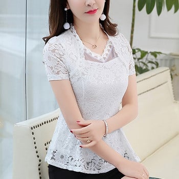 blusas femininas 2019 Γυναικείες μπλούζες Μπλούζες Slim Office Lady Raffled Hollow Out Δαντέλα με βελονάκι Peplum Top μπλούζες με βολάν