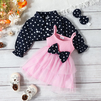 Νέο Baby Girls Cute Silslip φόρεμα + Βαμβακερό κοντό Mini Dot παλτό + κεφαλόδεσμοι 3 τμχ Σετ ρούχων για νεογέννητα νήπια