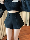 Ezgaga Pantaloni scurți vintage eleganti pentru femei 2024, la modă nouă, la dublu piept, picior lat, patchwork, subțiri, talie înaltă, sexy, pantaloni scurți pentru femei