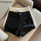 2023 Ropa De Mujer Pantaloni scurți cu tunică neagră pentru femei, pantaloni de tweed cu talie înaltă, pantaloni vintage, pantaloni noi, pantaloni cortos gros