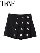 TRAF Y2K Pantaloni scurți pentru femei negre Fuste 2023 Toamna Ochiuri plisate Asimetrice Fermoar Pantaloni scurti cu talie înaltă Pantaloni scurti pentru femei