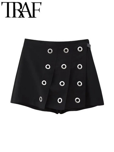 TRAF Y2K Μαύρες γυναικείες σορτς φούστες 2023 Φθινοπωρινές ασύμμετρες πλισέ μύτες Ψηλόμεσες φούστες με φερμουάρ Γυναικείο κοντό παντελόνι