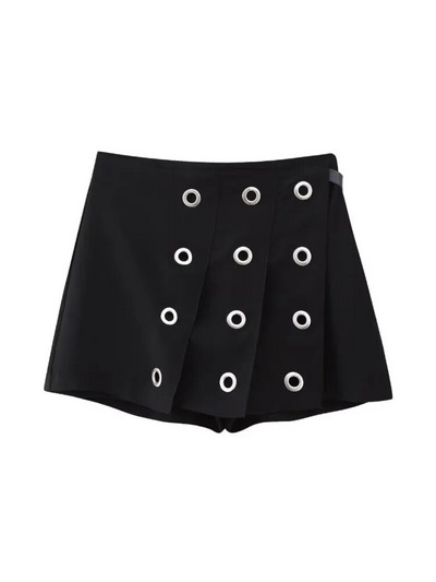 TRAF Y2K Pantaloni scurți pentru femei negre Fuste 2023 Toamna Ochiuri plisate Asimetrice Fermoar Pantaloni scurti cu talie înaltă Pantaloni scurti pentru femei