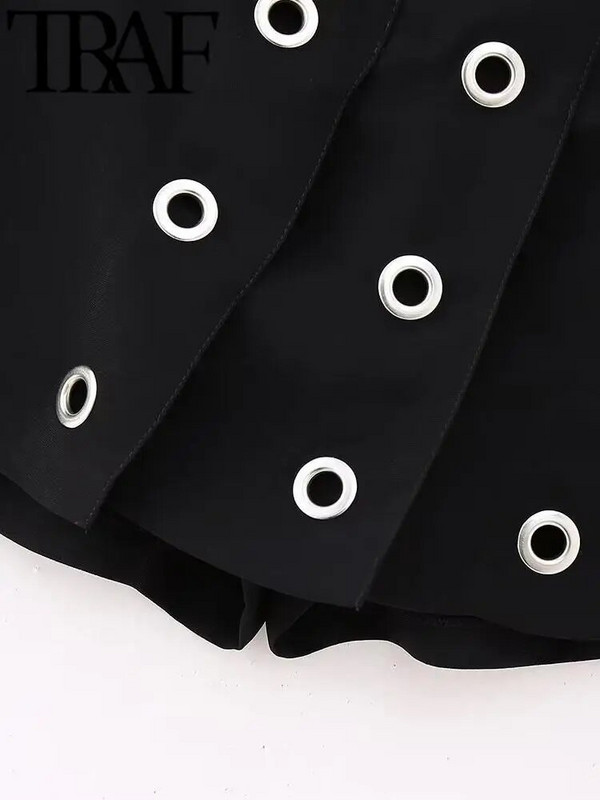 TRAF Y2K juodi moteriški šortai, sijonai, 2023 m. rudens, asimetrinės klostuotos kilpos, užtrauktukas aukštu juosmeniu, moteriškos trumpos kelnės